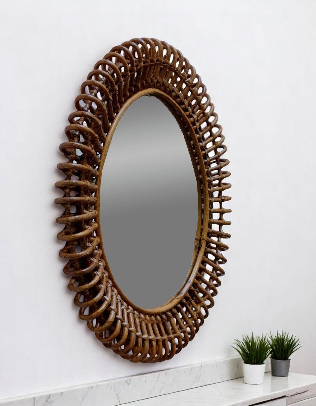 photo for sale Franco Albini Attr. Rattan And Wicker Round Wall Mirror, Italy 1960s