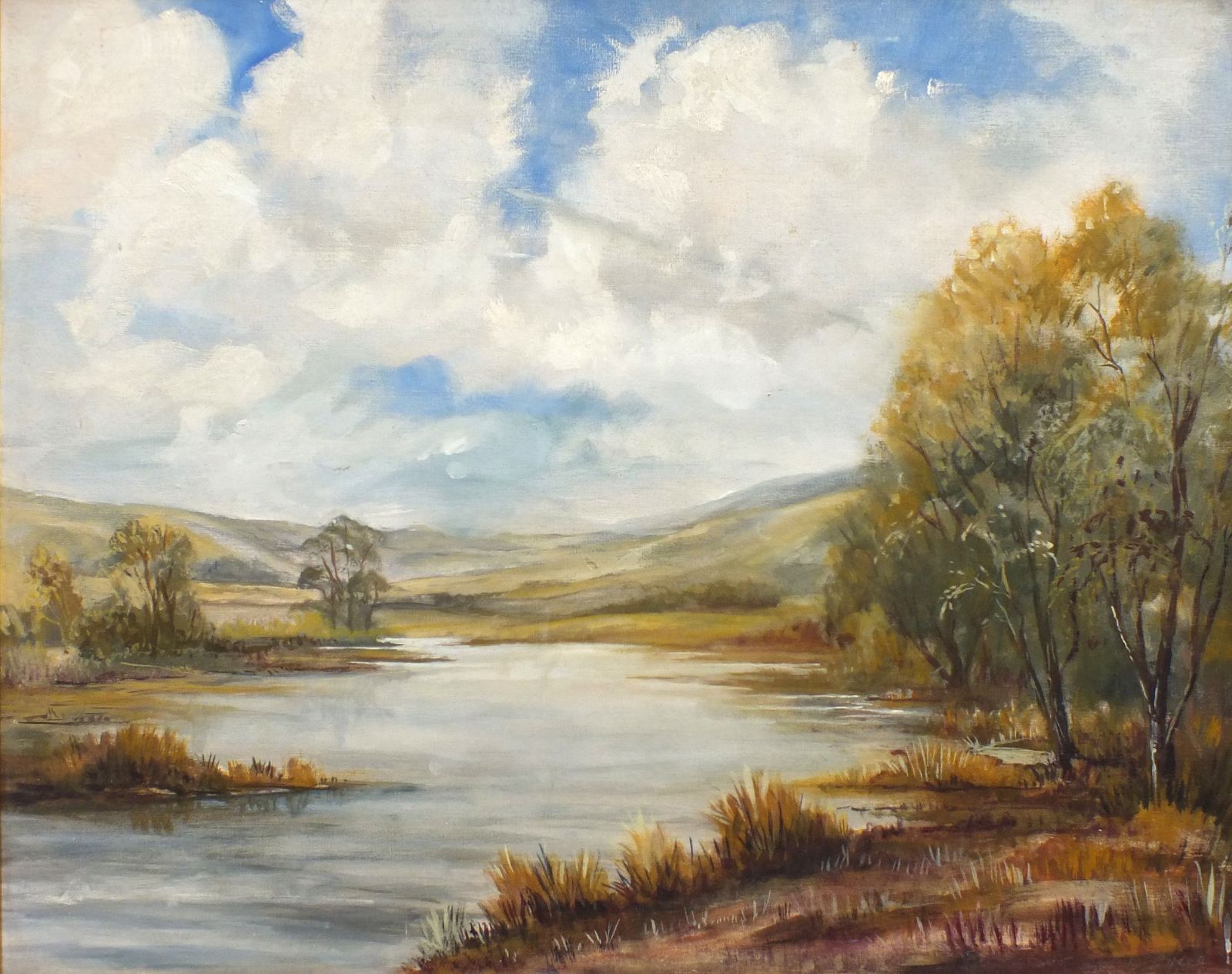Large Vintage Original Framed Oil Painting River Landscape 21x25 Inches photo for sale
