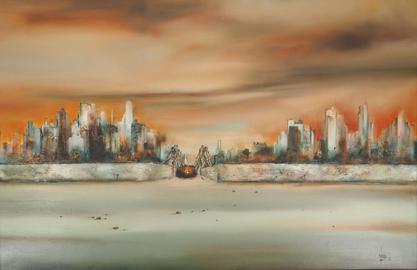 Bernard Louedin Fantasy : Spider On The City   Original Oil On Canvas, Handsigned 1970 photo for sale