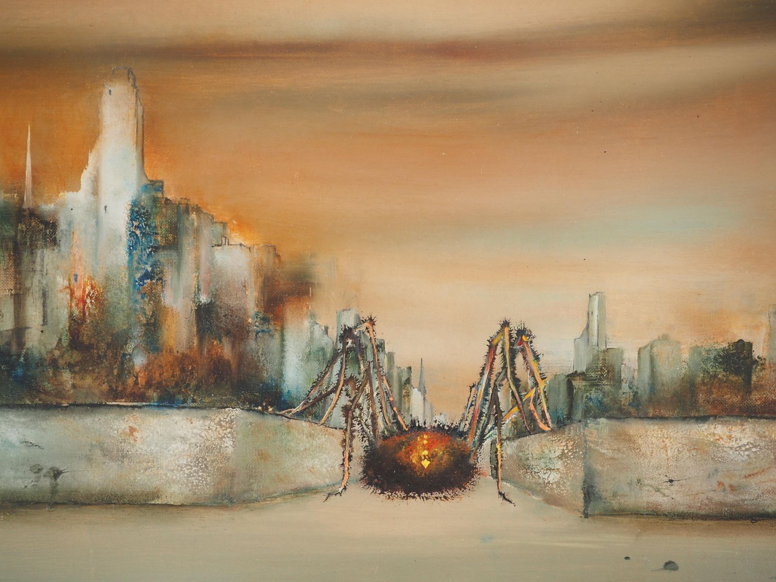 Bernard Louedin Fantasy : Spider On The City   Original Oil On Canvas, Handsigned 1970 photo vinterior