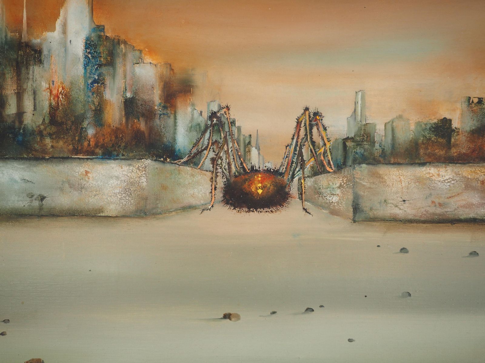 Bernard Louedin Fantasy : Spider On The City   Original Oil On Canvas, Handsigned 1970 photo vintage