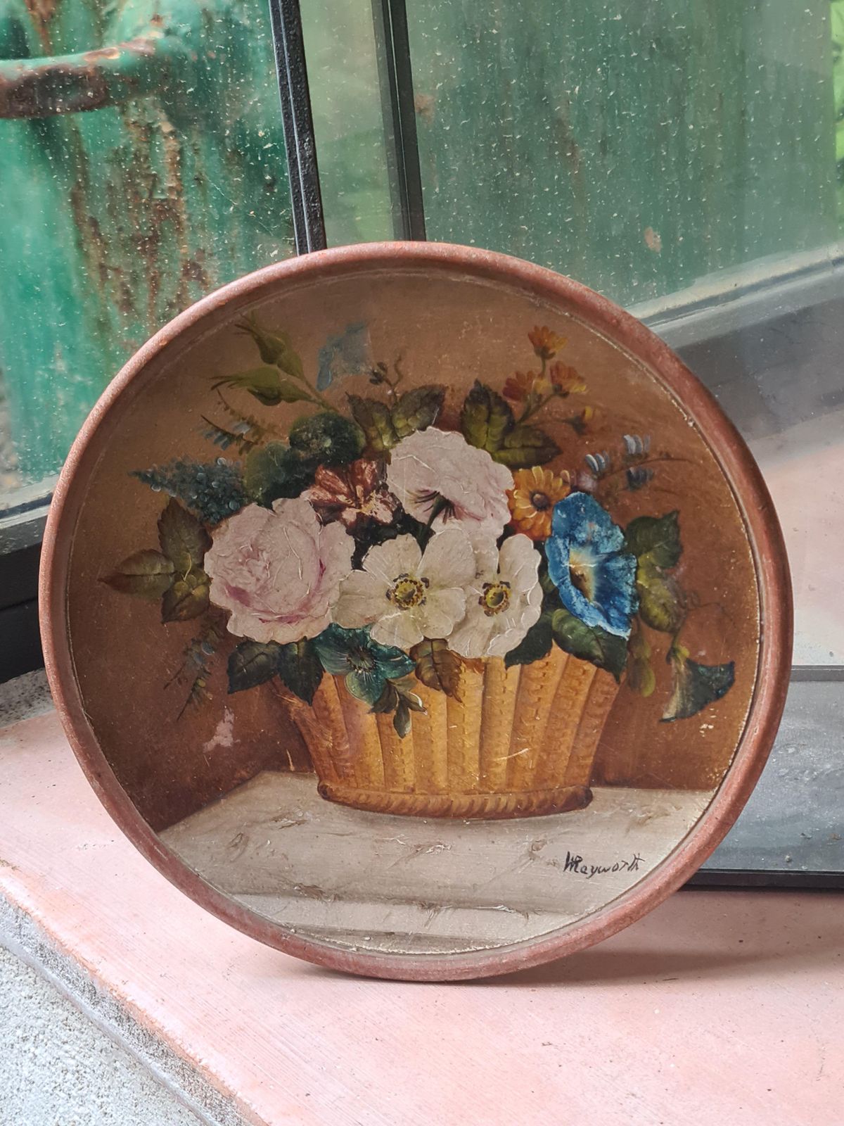 photo for sale Hand Painted Terracotta Plaque, Longpark, Torquay, Basket Of Flowers