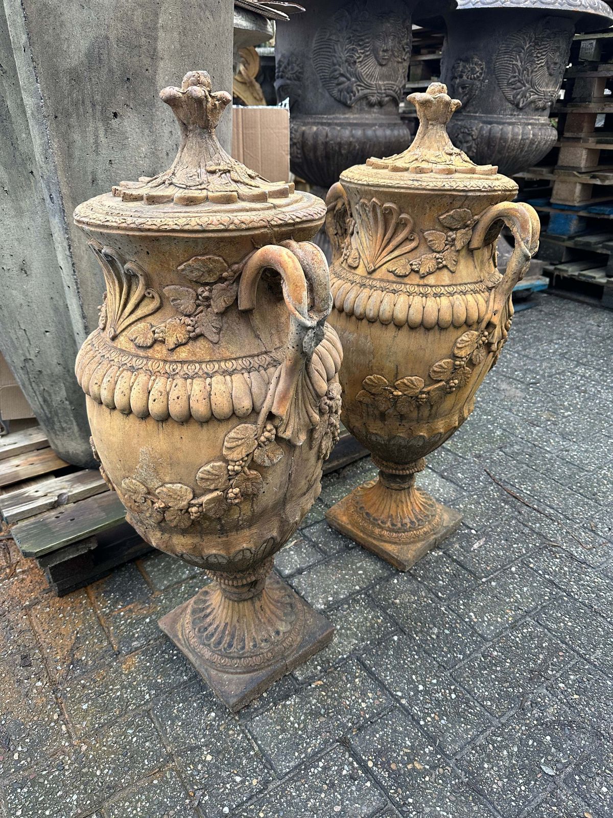 Stunning French Pair Of Matching Stone Urns, Lovely Patina And Colour photo Home Decor