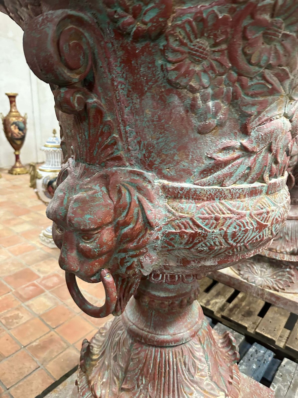 Huge, 5ft Original French Painted Cast Iron Urns, Pair photo for sale