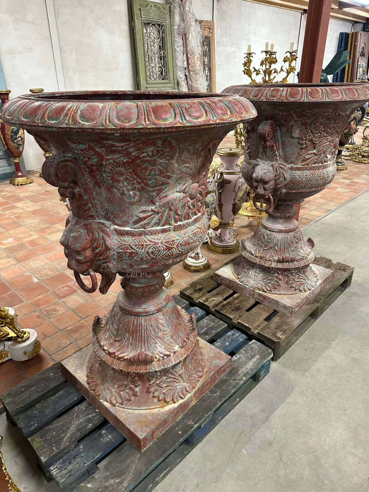 Huge, 5ft Original French Painted Cast Iron Urns, Pair photo 3995.0