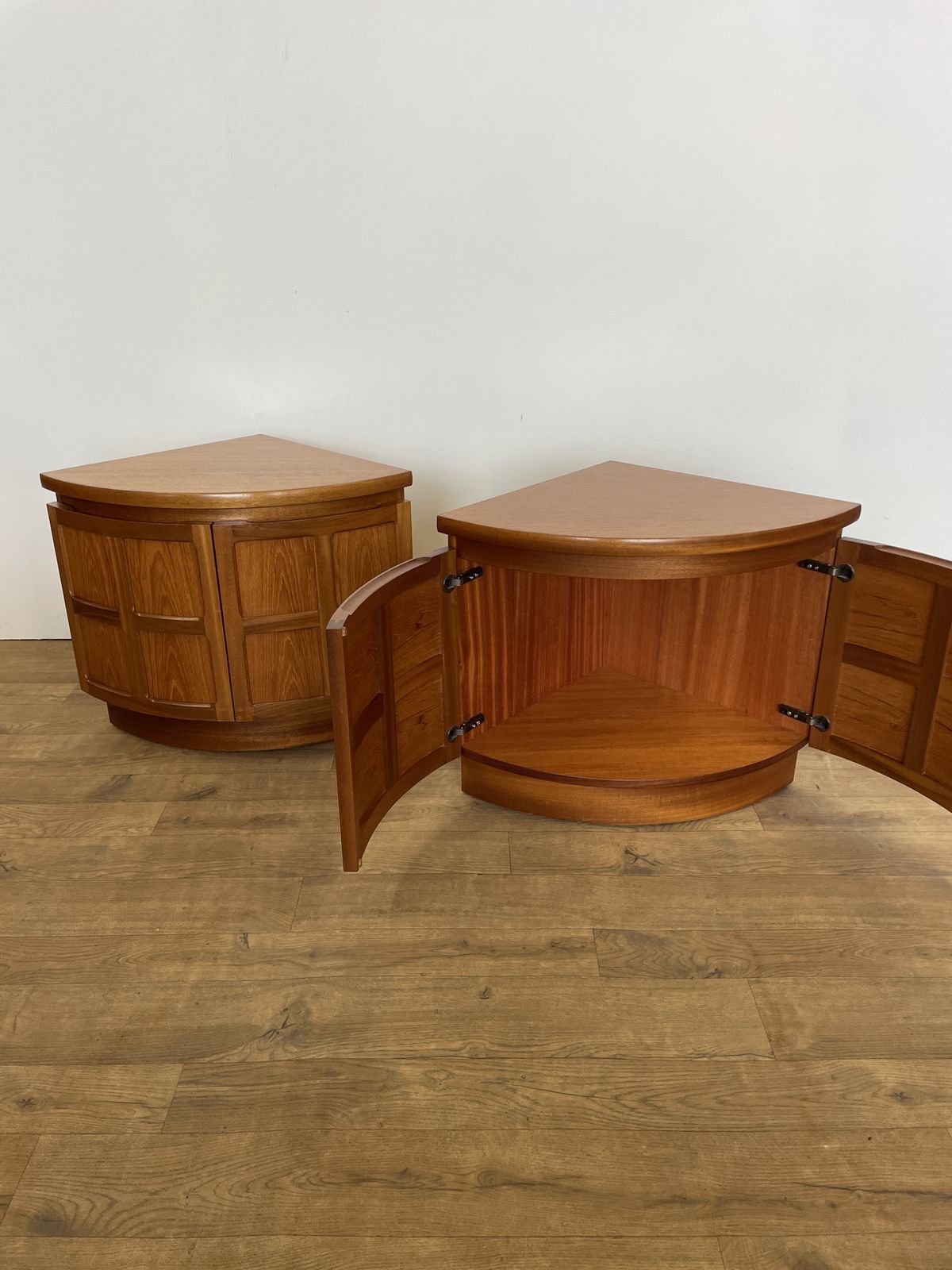 photo for sale Pair Of Mid Century Teak Corner Bedsides By Nathan Furniture, 1960s