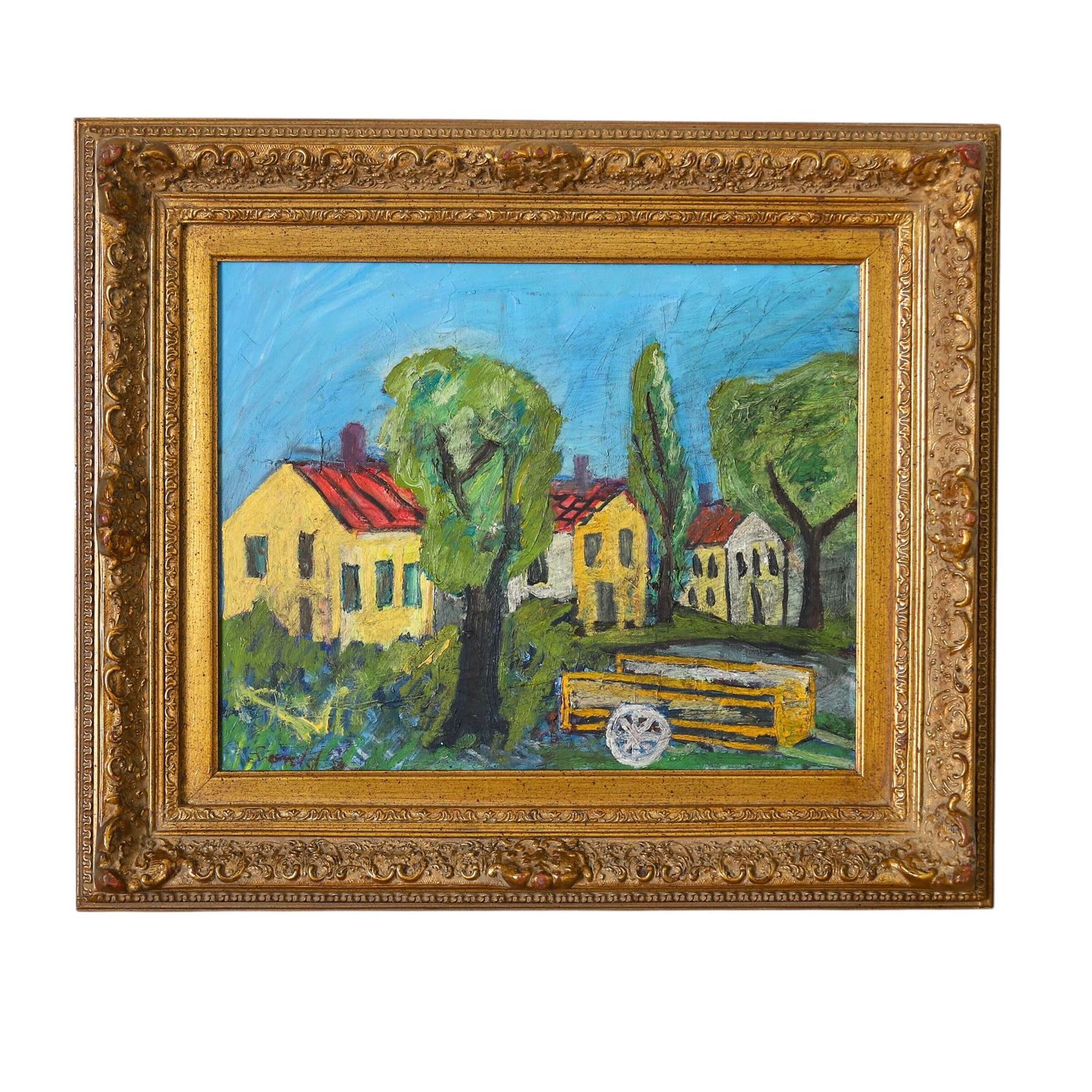 1940s English Naïve Farm Scene Oil Painting   Timeless Rural Charm