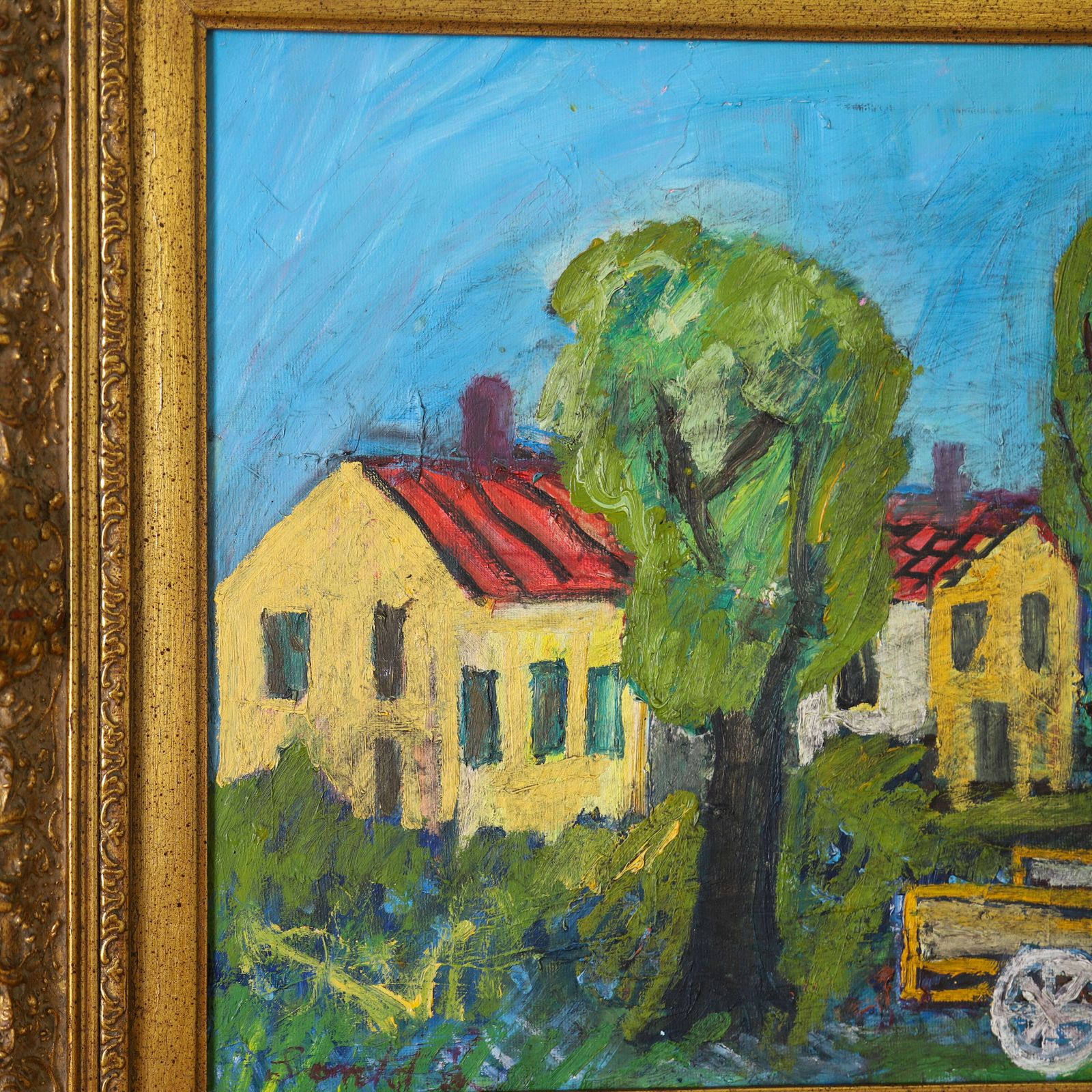 1940s English Naïve Farm Scene Oil Painting   Timeless Rural Charm photo vinterior