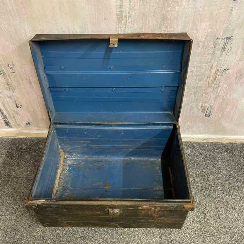 Vintage Black Metal Trunk With Latch And Side Handles Rusted Patina photo for sale