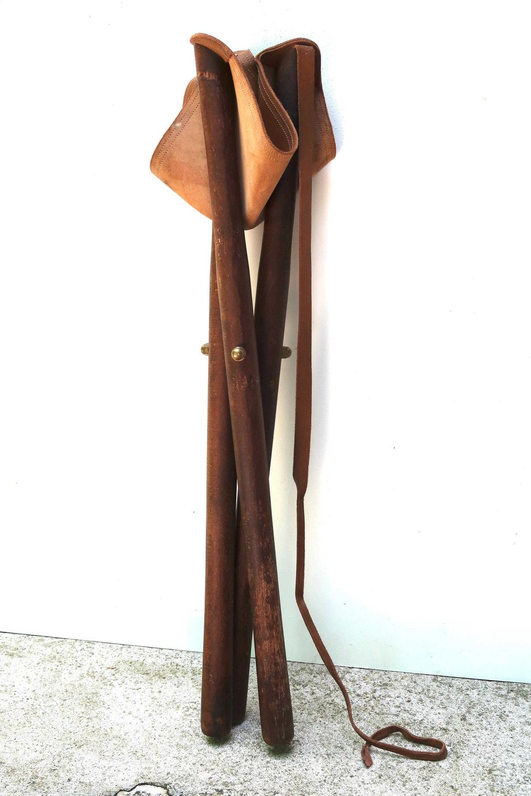Tripod Wood And Leather Folding Stool, 1950s / Cow Boy, Fishing, Hunting, Camper, Camping, Cottage Furniture photo furniture