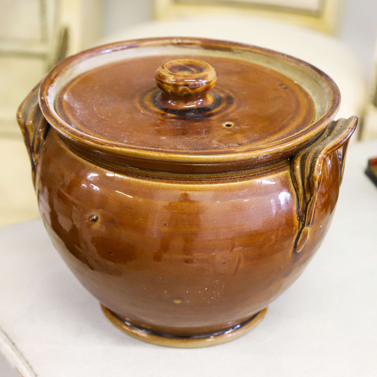 French Early 20th Century Terre De Fer Brown Glazed Serving Bowl Or Flour Bowl With Lid photo furniture