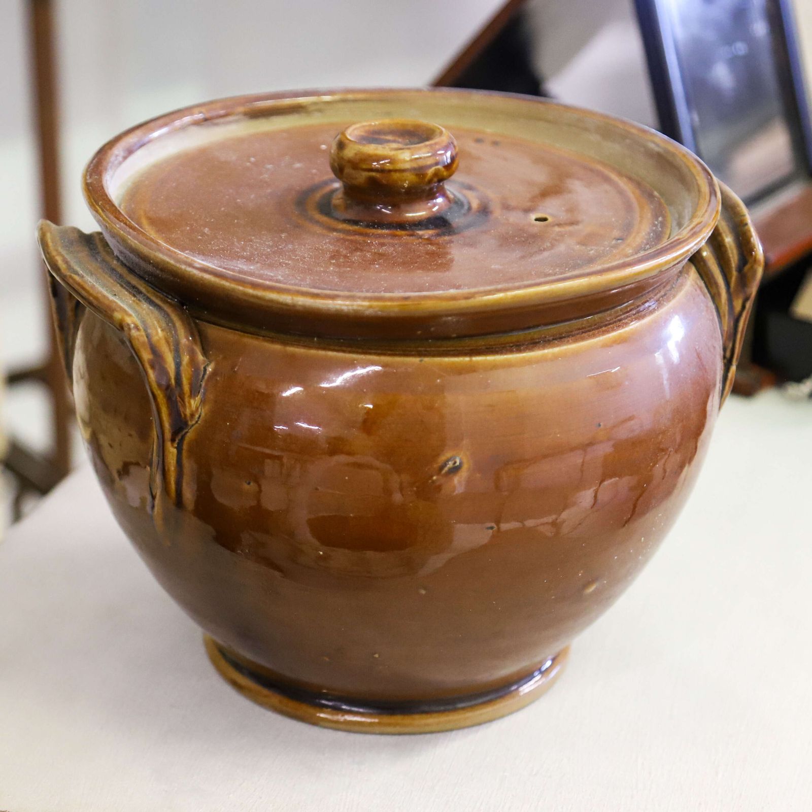 French Early 20th Century Terre De Fer Brown Glazed Serving Bowl Or Flour Bowl With Lid photo for sale