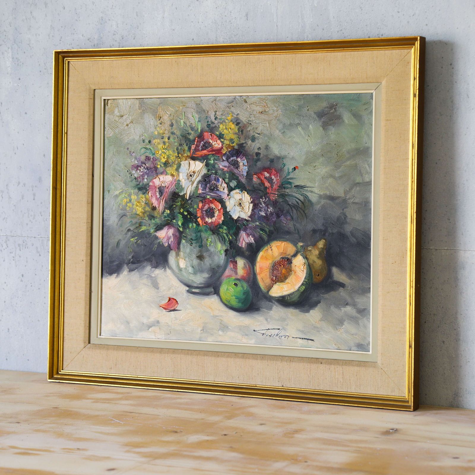 Charming English Still Life: Anemones & Fruit, 1940s 50s, Gilt Moulded Frame photo vintage