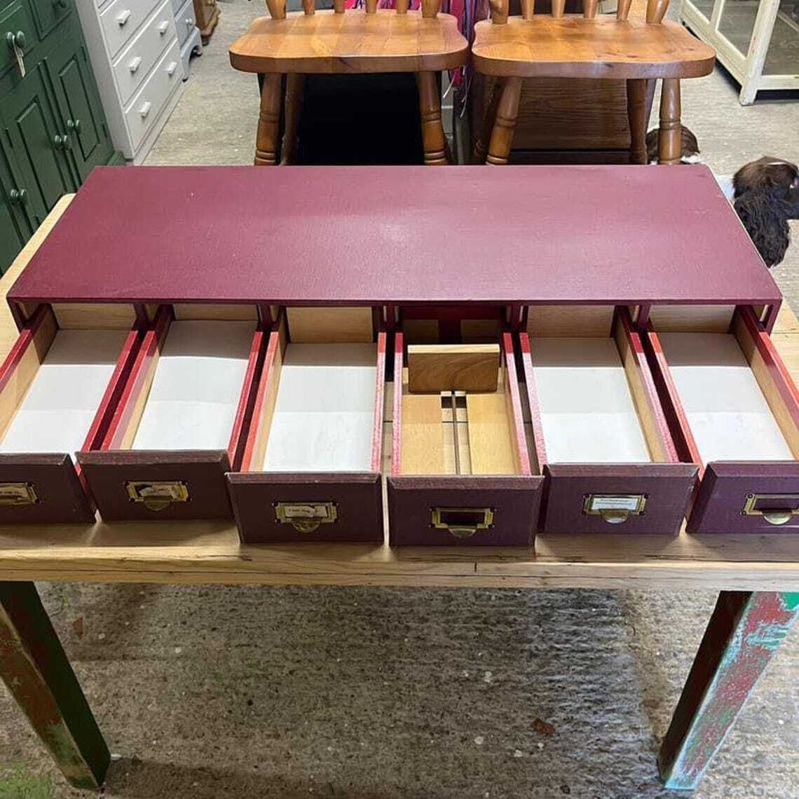 Vintage Run Of 6 Red Filing Drawers Brass Pull Handles Label Holders Patina photo for sale