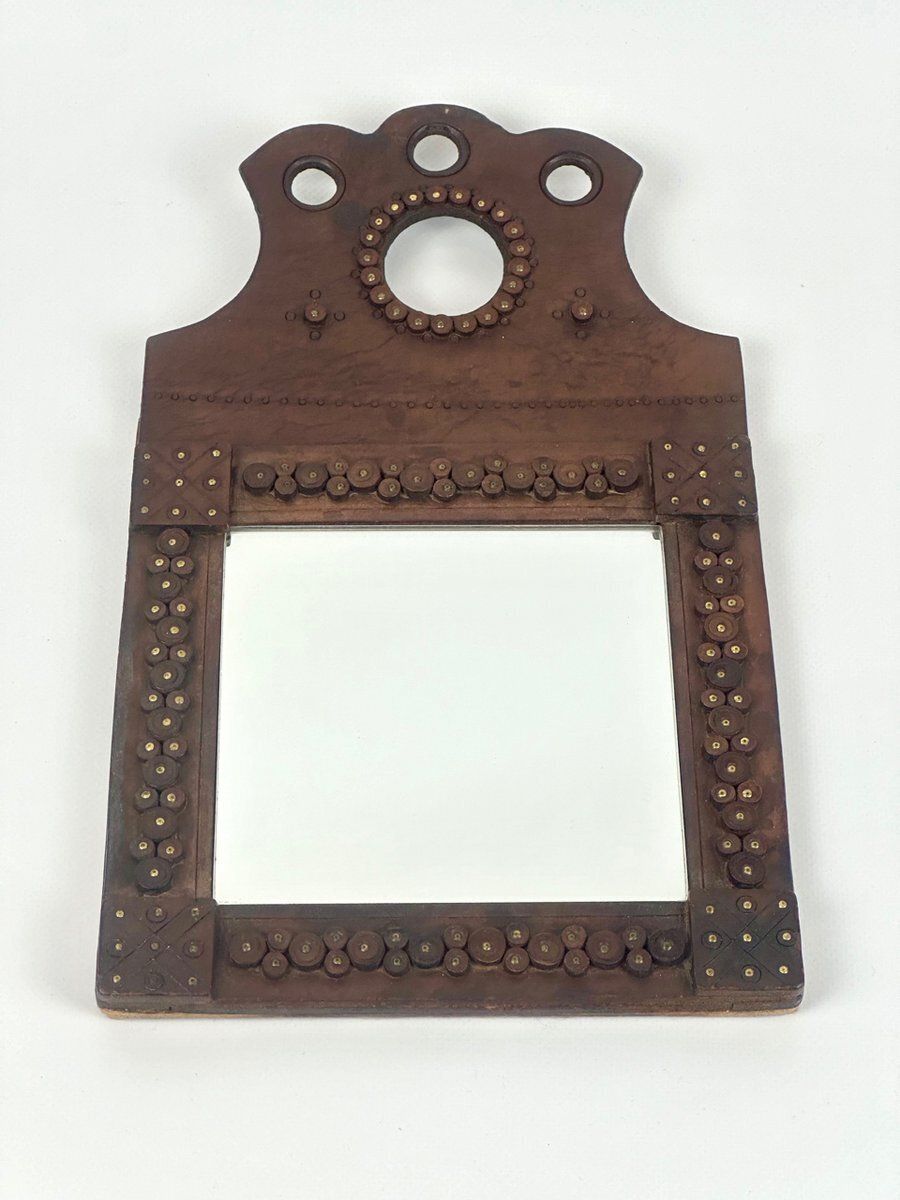 Hungarian Folk Art Leather Framed Mirror, 1960s