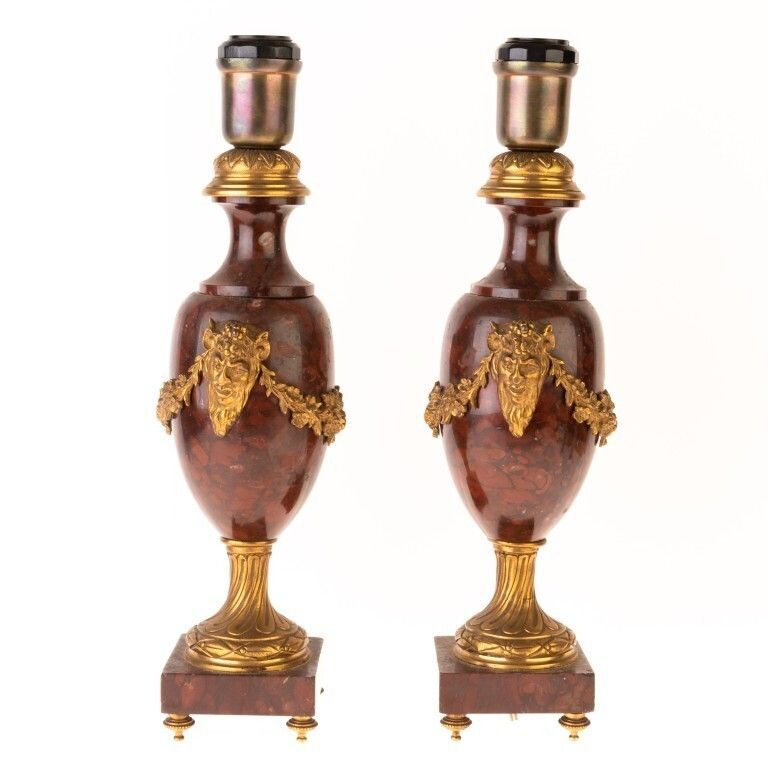 Antique French Pair Of Rouge Marble & Bronze Satyrs Table Lamps photo for sale