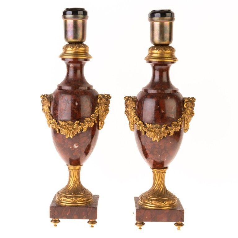 Antique French Pair Of Rouge Marble & Bronze Satyrs Table Lamps photo Lighting