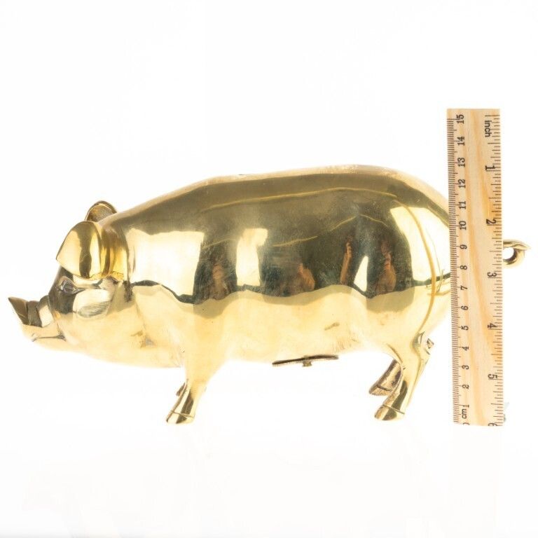 Antique Brass Pig Coin Bank Sculpture photo for sale