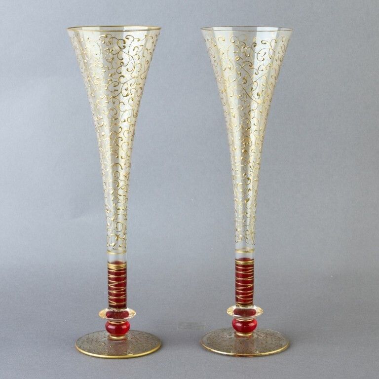 Pair Of Tall Venetian Hand Blown Gilt Glasses
