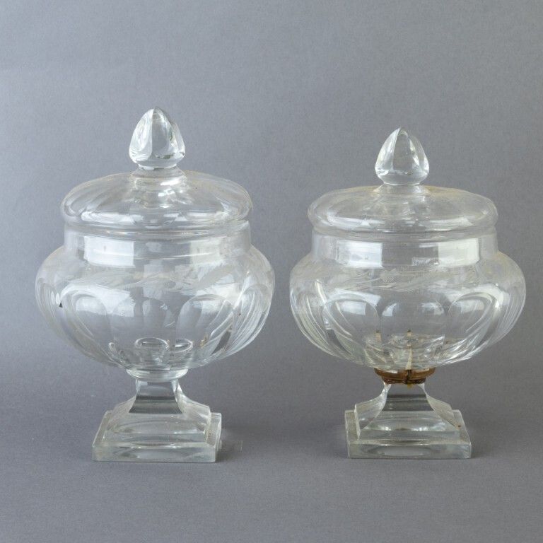 Antique Pair Of Victorian Etched Lidded Glass Urns