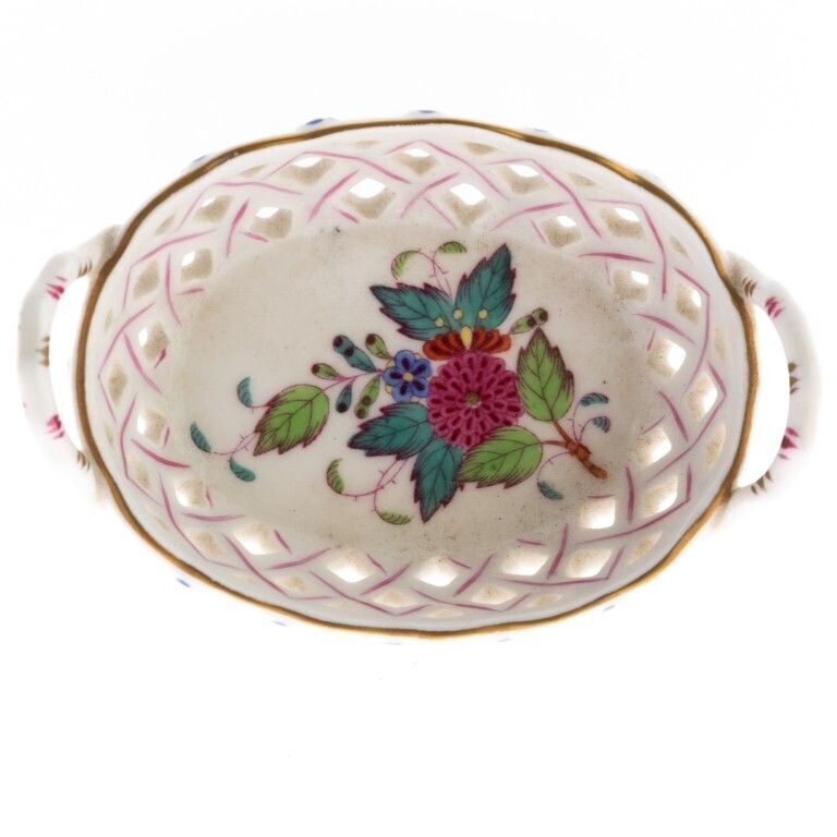 Mid Century Herend Hungary Fine Reticulated Porcelain Floral Basket