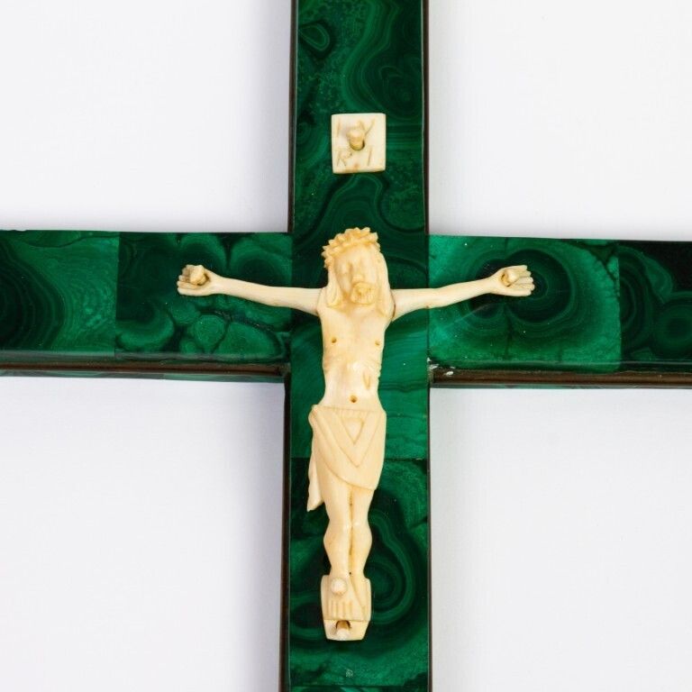 Antique Large African Inlaid Malachite Crucifix Religious Cross With Corpus Christi 19th Century photo for sale