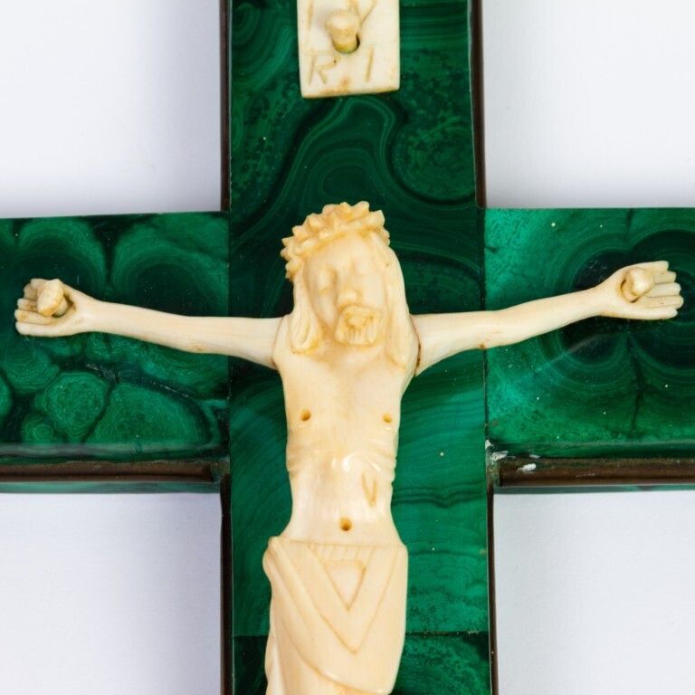 Antique Large African Inlaid Malachite Crucifix Religious Cross With Corpus Christi 19th Century photo Art
