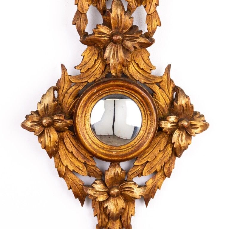 Antique French Gilded & Hand Carved Wood Convex Mirror With Ribbon 19th Century photo furniture
