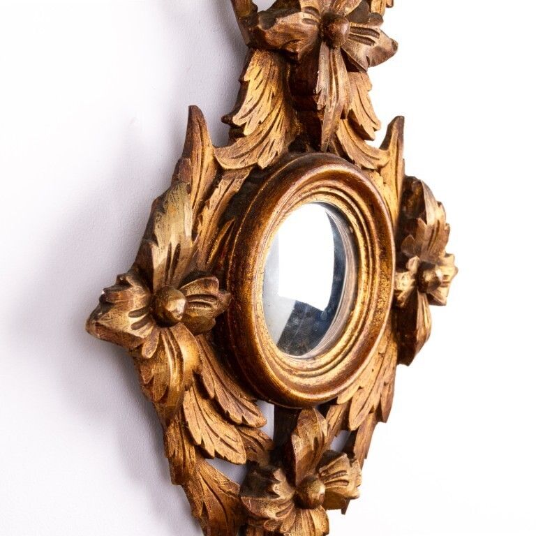 Antique French Gilded & Hand Carved Wood Convex Mirror With Ribbon 19th Century photo Home Decor