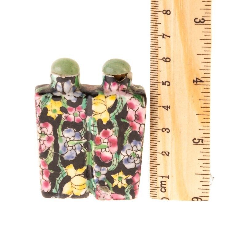 Chinese Hand Painted Famille Noire Twin Porcelain Snuff Bottle With Jade Tops photo for sale