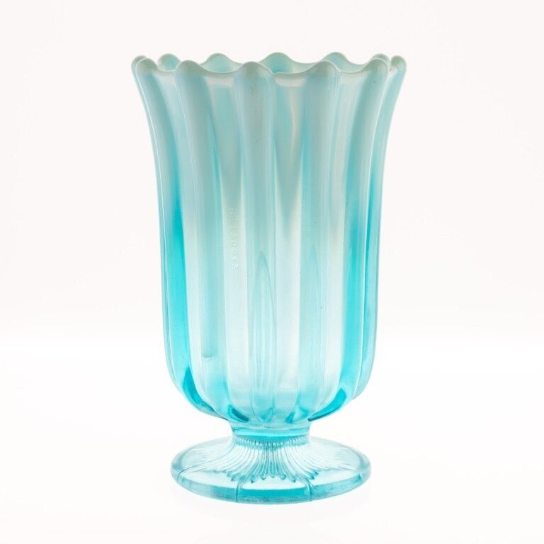 Antique Davidson Opalescent Victorian “Brideshead” Blue Pearline Pressed Glass Celery Vase