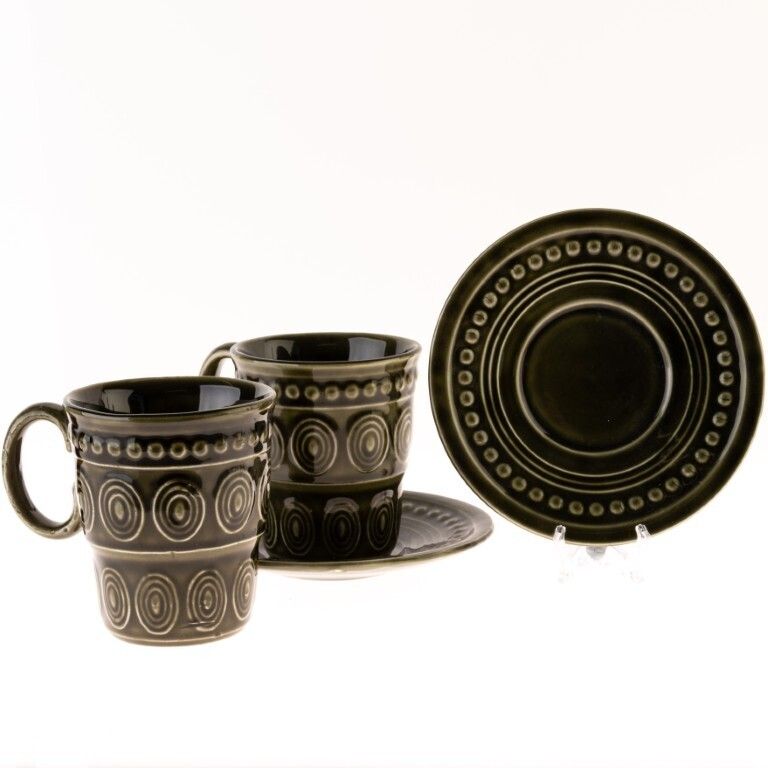 Pair Of Mid Century Retro Glazed Green Ceramic Cups And Saucers photo furniture