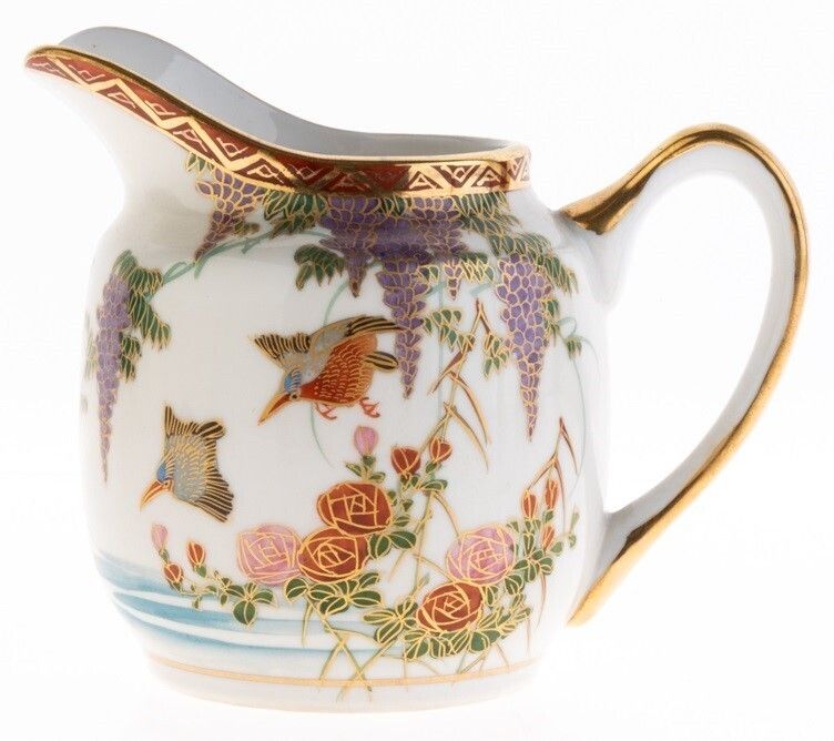 Mid Century Japanese Hand Painted Flying Birds Kutani Porcelain Creamer Jug