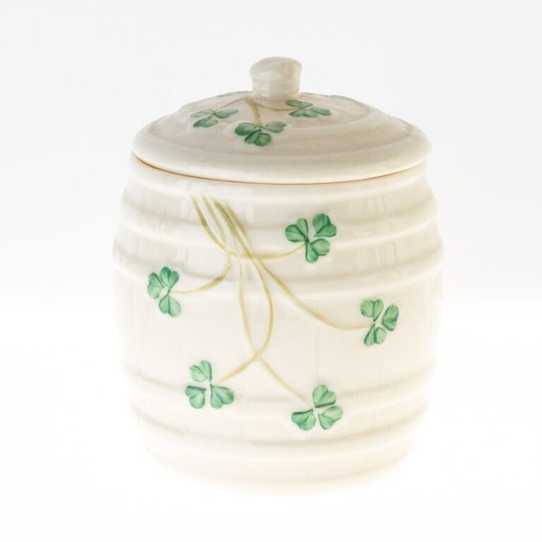 An Irish Belleek Porcelain Vase And Lidded Barrel Jar photo for sale