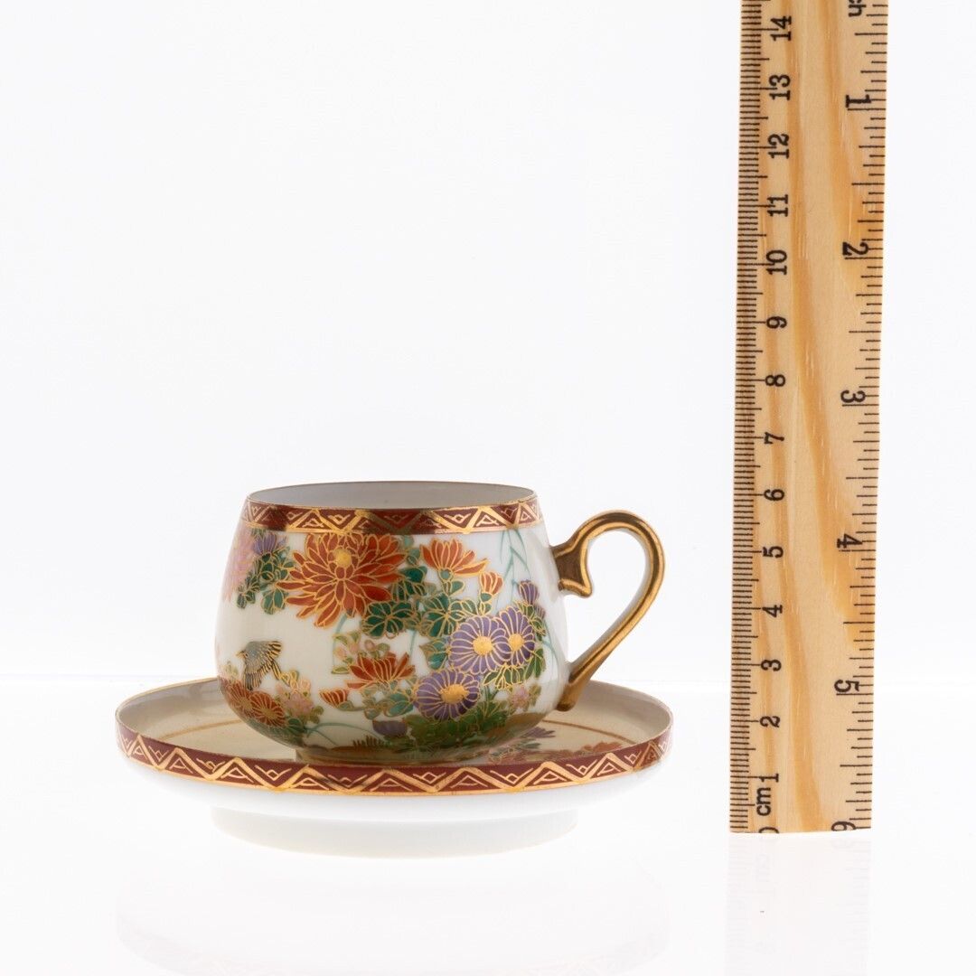 Mid Century Japanese Hand Painted Flying Birds Kutani Porcelain Teacup And Saucer photo for sale