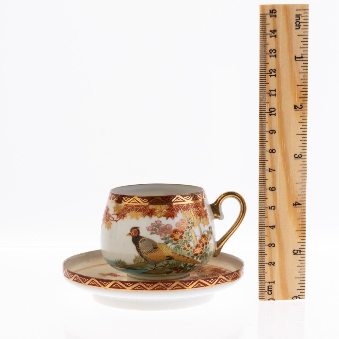 Mid Century Japanese Hand Painted Exotic Birds Kutani Porcelain Teacup And Saucer photo for sale