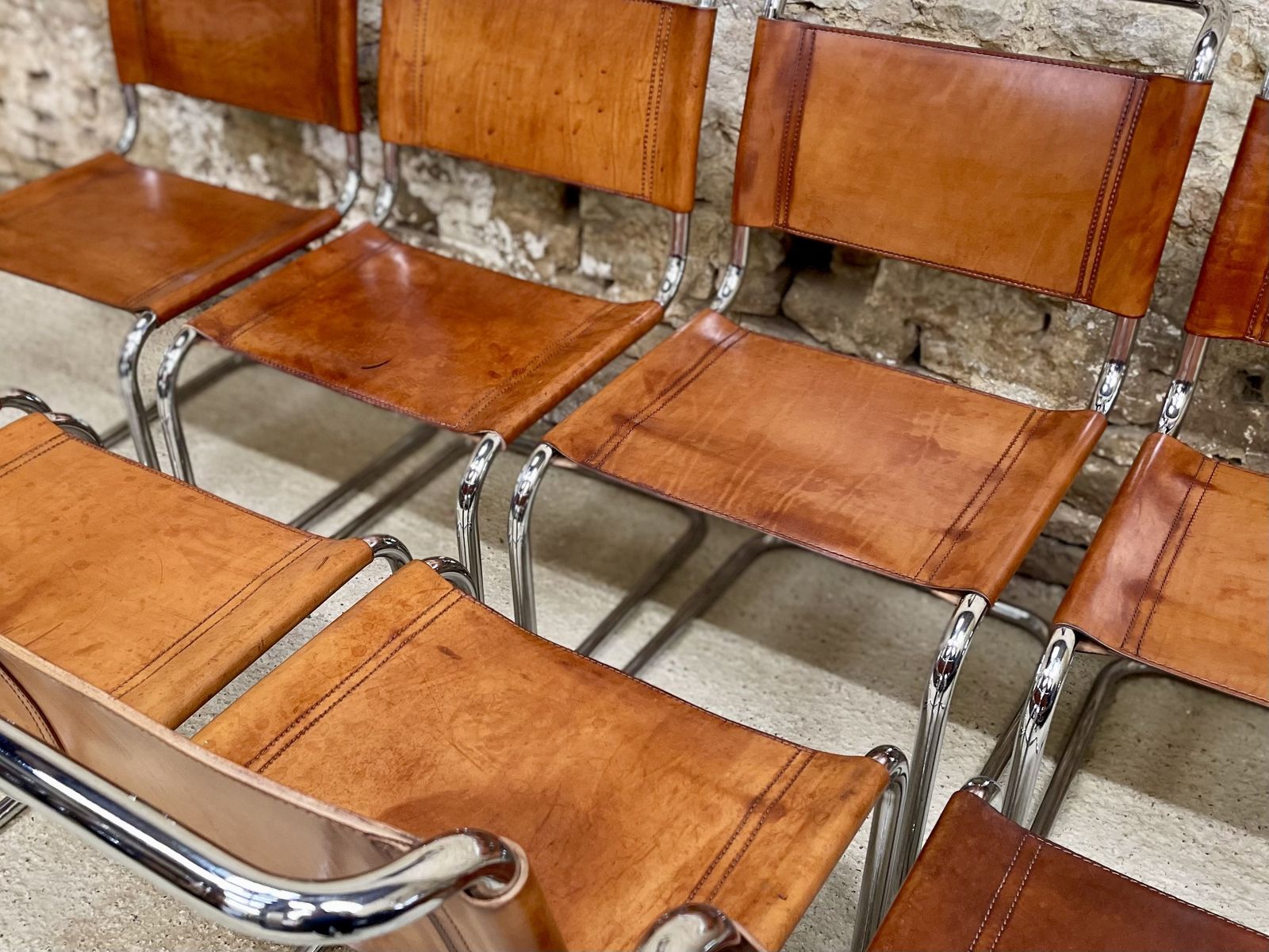 12 Dining Chairs Mart Stam Marcel Breuer S33 Set Of Twelve Fasem Chrome Tan Brown Cognac Leather Cantilever Bauhaus 12 Mid Century Dining Chairs