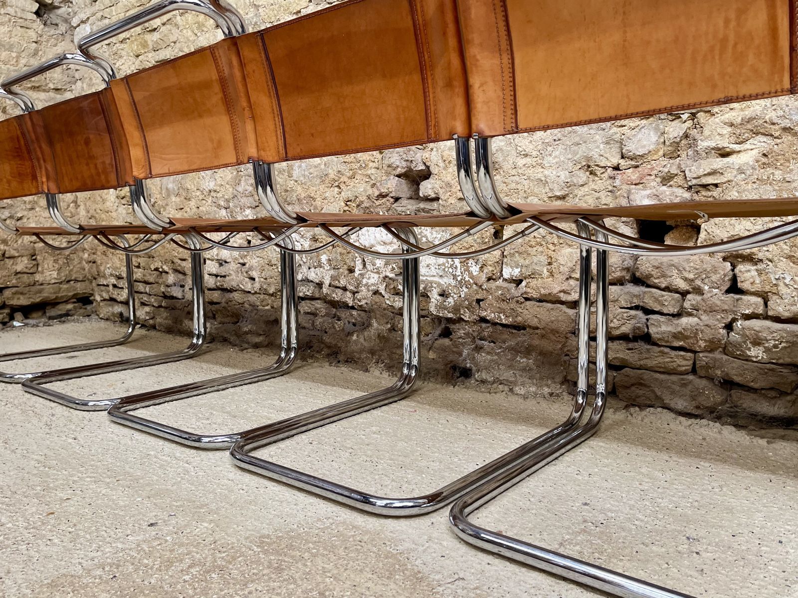 12 Dining Chairs Mart Stam Marcel Breuer S33 Set Of Twelve Fasem Chrome Tan Brown Cognac Leather Cantilever Bauhaus 12 Mid Century Dining Chairs photo 9995.0