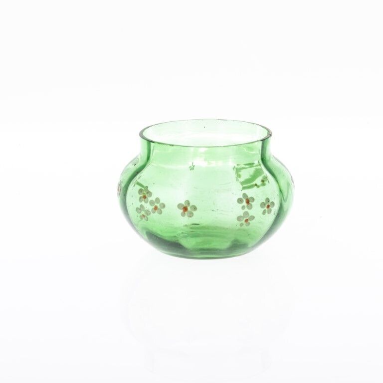 Antique Continental Enamel Painted Green Glass Vase 19th Century
