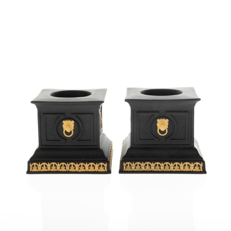 Wedgwood Set Of Black & Cane Jasperware Candle Holders With Lion Heads photo for sale
