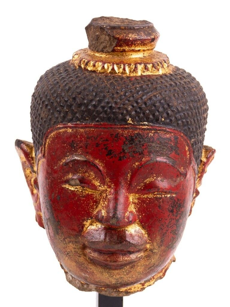 16th Century Cambodian Polychrome Stone Scupture Bust Of Buddha