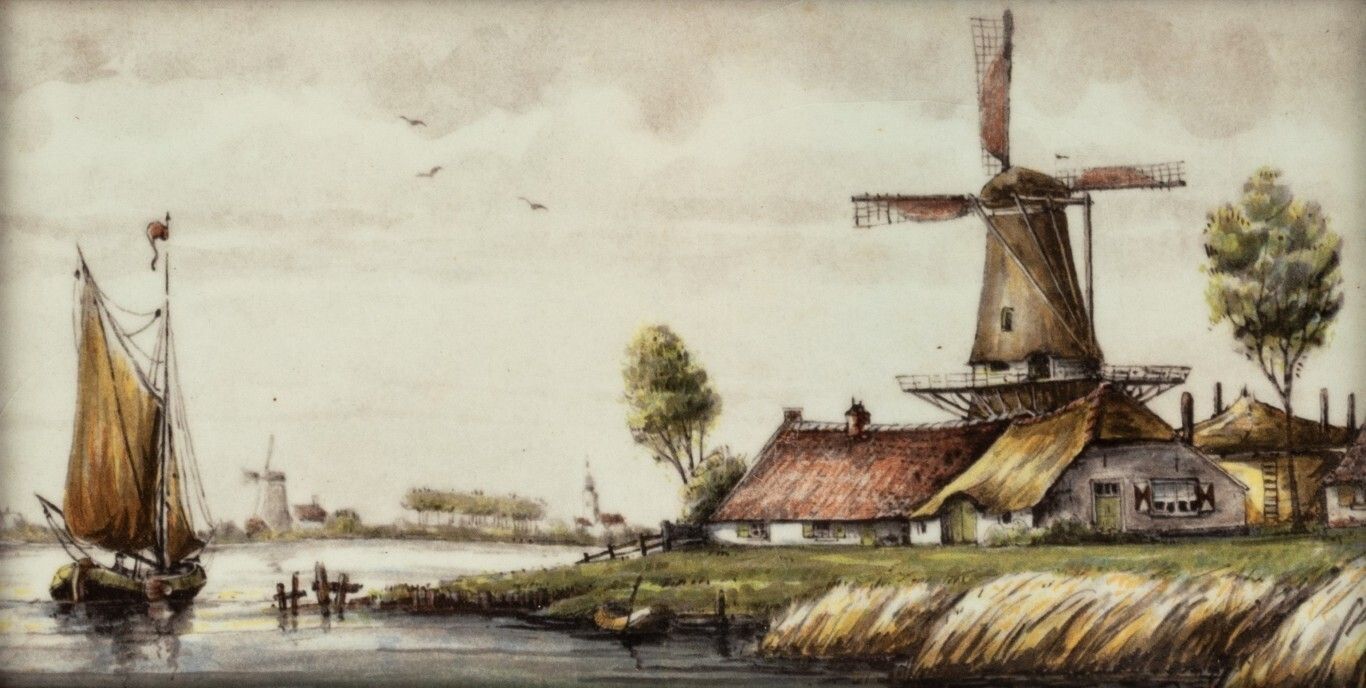 Dutch Oil On Ceramic Tile Depicting A Windmill Landscape Early 20th Century