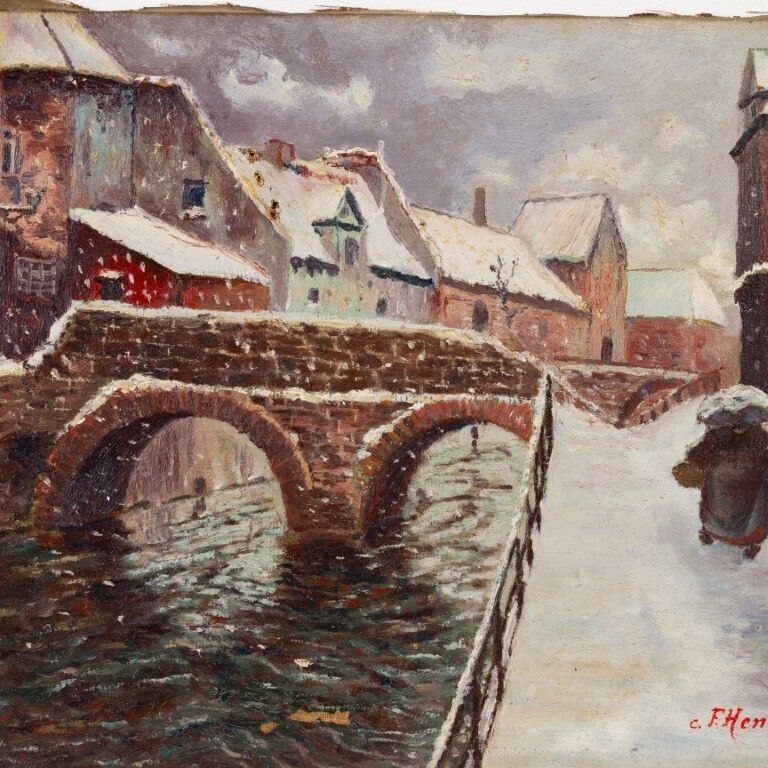 Antique Signed 1909 Oil Painting On Canvas Depicting A Figure Walking Alongside A Winter Bridge photo furniture