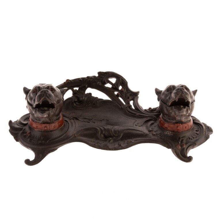 Antique French Art Nouveau Cold Painted Bulldog Pewter Inkwell Ca. 1900