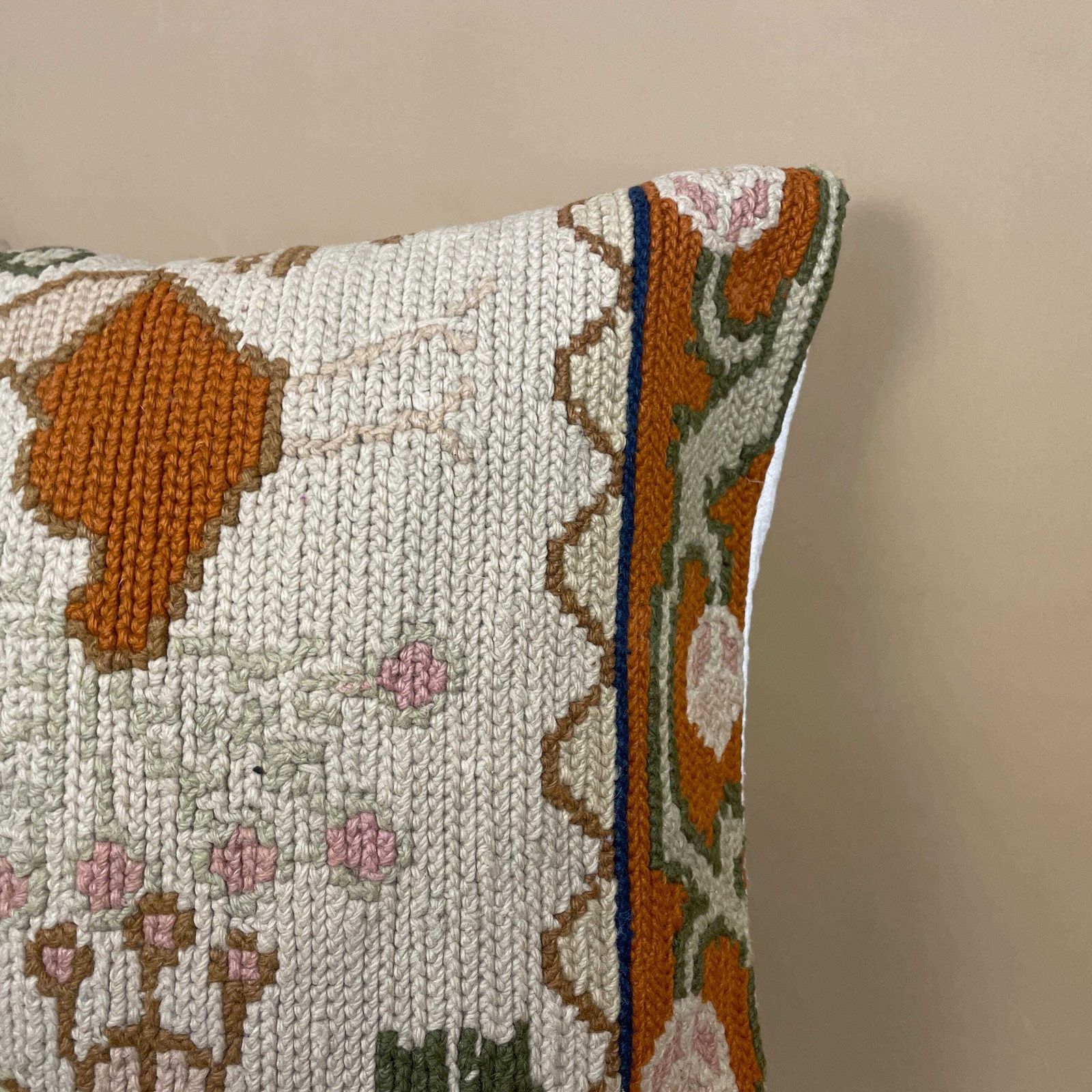 Antique Kilim Cushion Moroccan Rug Carpet Pillow Feather Filled Handwoven Patterned 46x46cm Scatter Vintage Square Pattern Cream Bird photo furniture