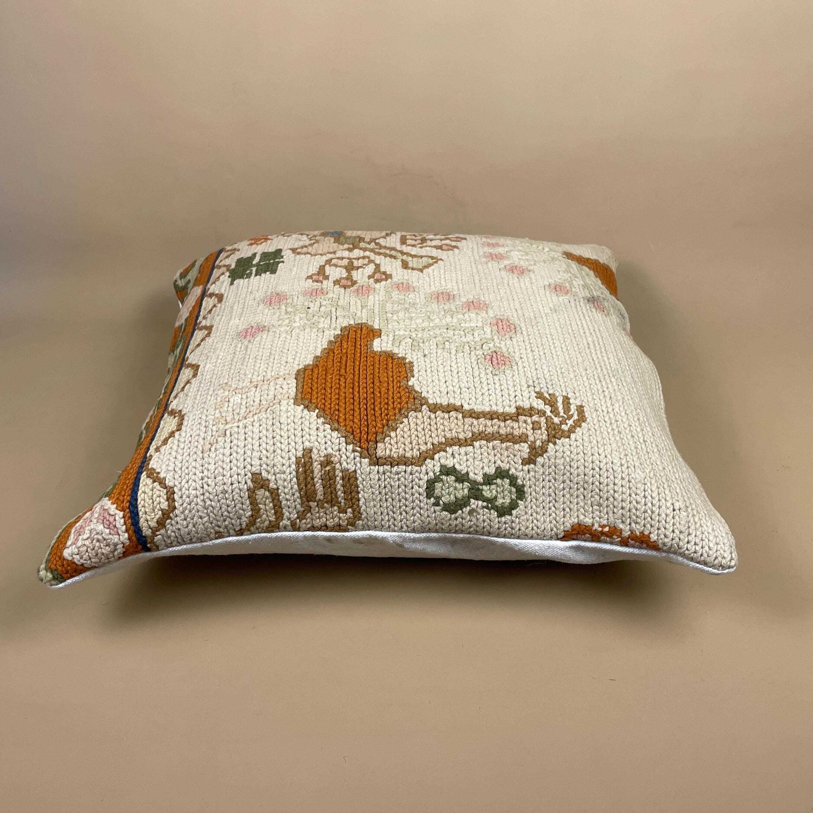 Antique Kilim Cushion Moroccan Rug Carpet Pillow Feather Filled Handwoven Patterned 46x46cm Scatter Vintage Square Pattern Cream Bird photo 50.0