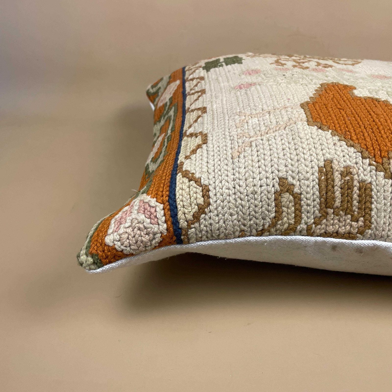 Antique Kilim Cushion Moroccan Rug Carpet Pillow Feather Filled Handwoven Patterned 46x46cm Scatter Vintage Square Pattern Cream Bird photo vinterior
