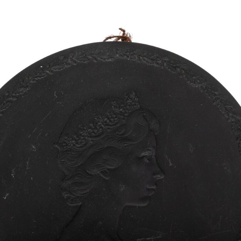 Wedgwood Black Basalt Jasperware Queen Elizabeth II Portrait Medallion Wall Plaque photo for sale