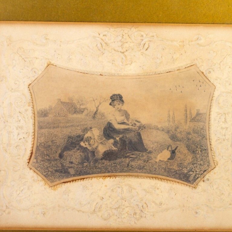 Antique Early Victorian Embossed Paper Figures In A Landscape Signed Susan Harris & Dated 1832 photo for sale