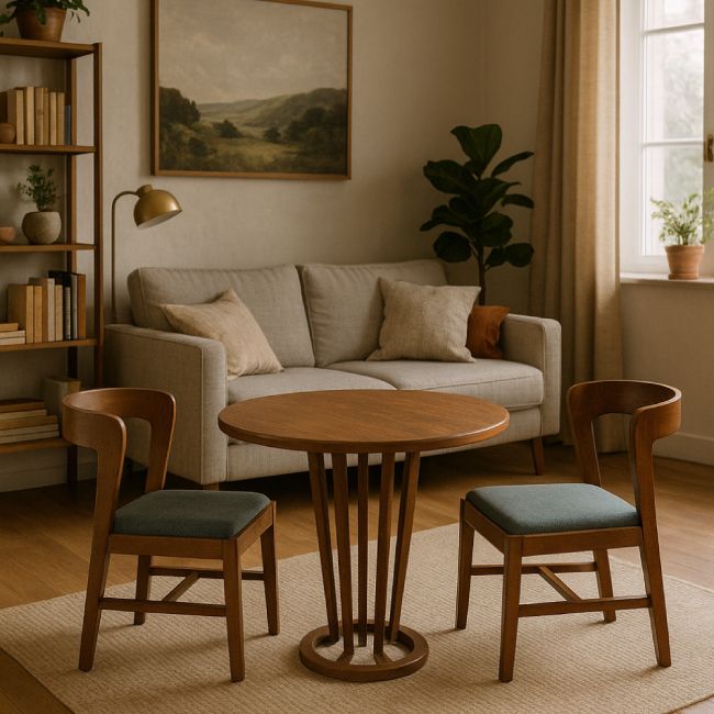 photo furniture Antique Indian Handcrafted Teakwood Dining Set | 1940s Round Table With Lamella Base & 2 Curved Upholstered Chairs